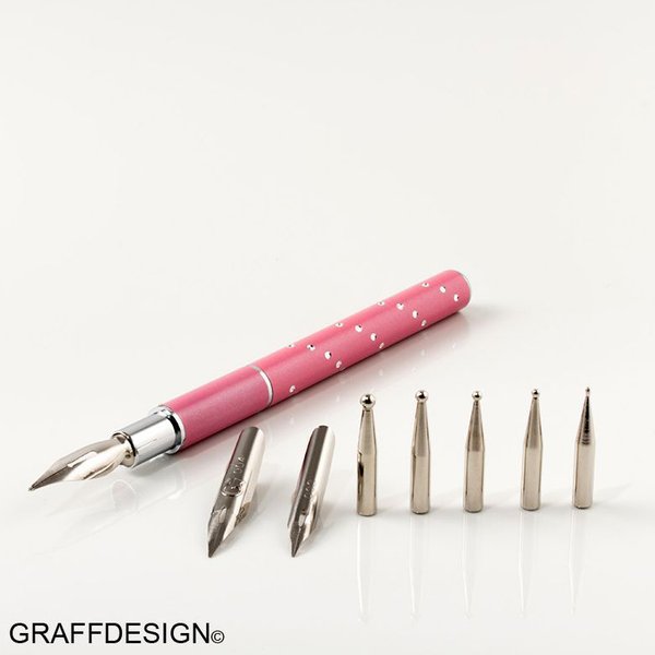 1 Luxus Füller mit Dotting-Tool-Einsätzen in Pink mit Strass-Steinchen - 440-303