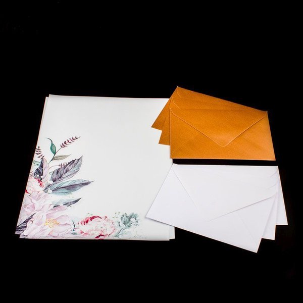 Briefpapier - 10 Briefblätter / 6 Umschläge 3x weiss 3x kupfer-rose - P-BP-001