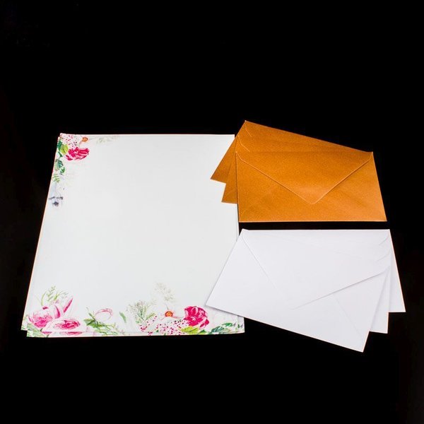 Briefpapier - 10 Briefblätter / 6 Umschläge 3x weiss 3x kupfer-rose - P-BP-011