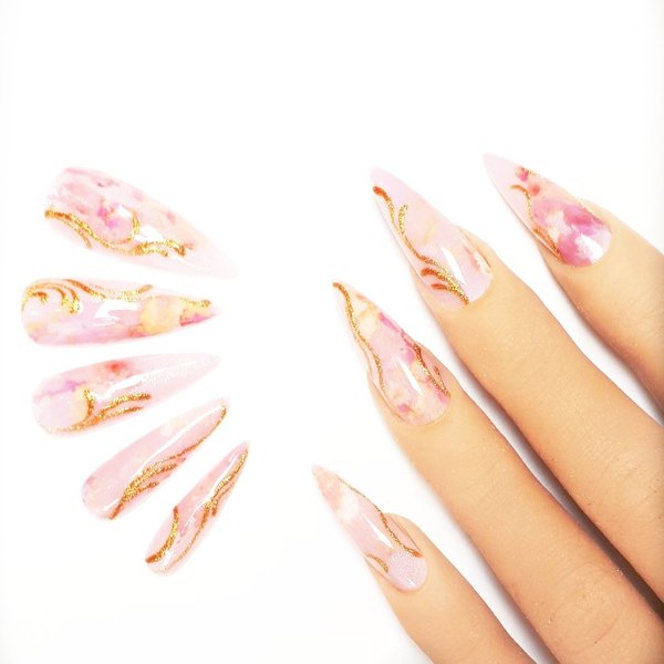 10x Press on Nails - Stiletto - Fullcovernails - Marmor in Rosa-Pink mit Gold - PN-015