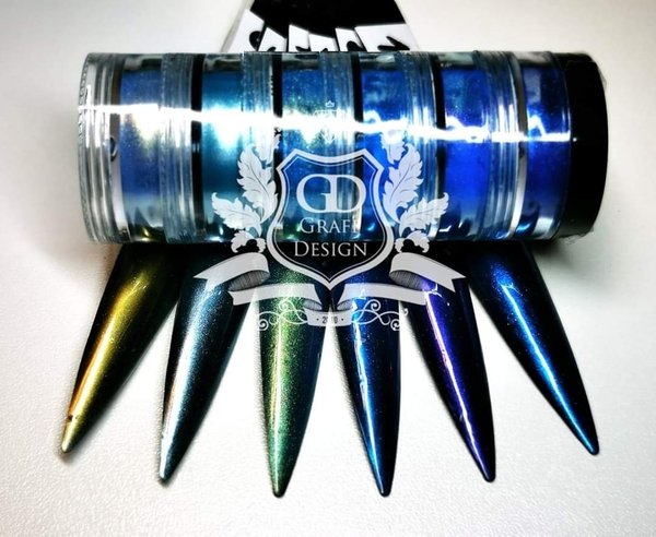 Stapeldöschen mit Chrom Puder - 6 x 2 ml - in verschiedenen Blauen Metallicfarbtönen