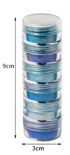 Stapeldöschen mit Chrom Puder - 6 x 2 ml - in verschiedenen Blauen Metallicfarbtönen