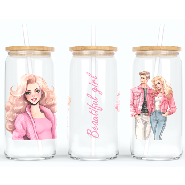 Glas Becher mit Beauty Girl & Freund in Pink inkl. Bambus Deckel mit Strohhalm